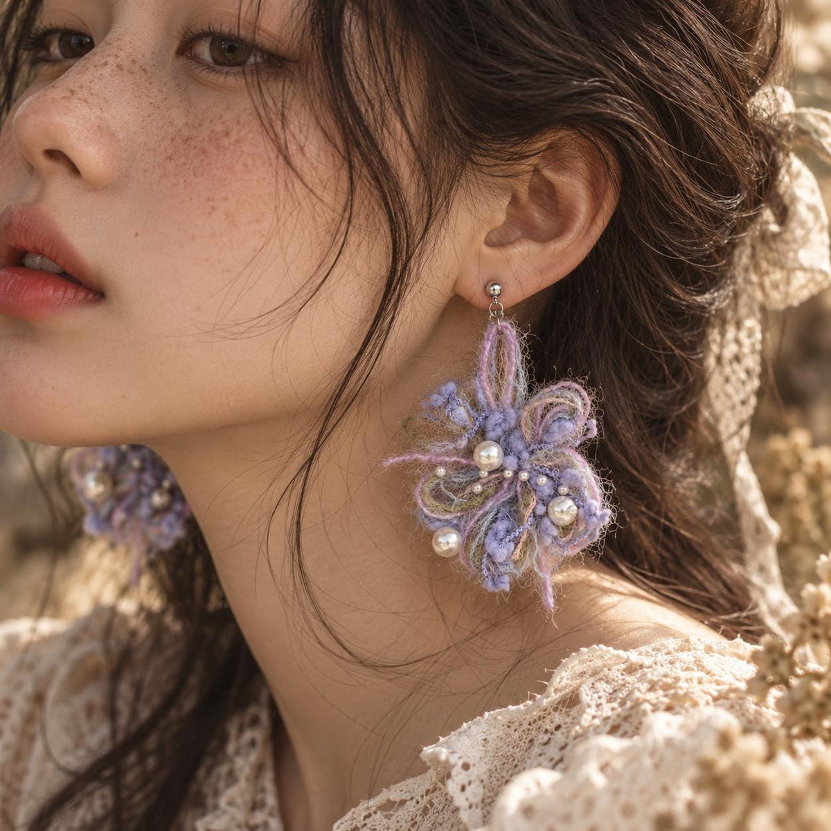 Close side view of lavender yarn-flower earrings worn beside brown hair.