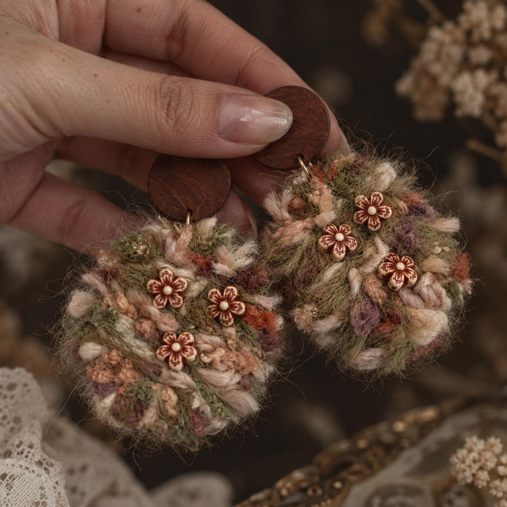 Front of the cream and green yarn floral earrings with brown studs, held in a hand.