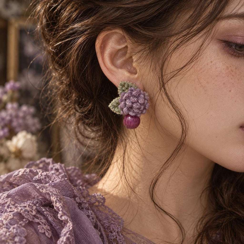 Lilac Berry Yarn Flower Earrings, Handmade Textile Jewelry, Cottagecore Boho Fiber Art, Romantic Botanical Earrings