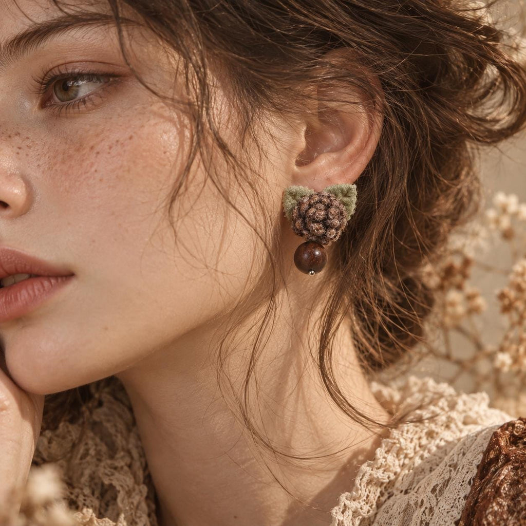 Hazelwood brown crochet-flower earring shown in a close side view while worn.
