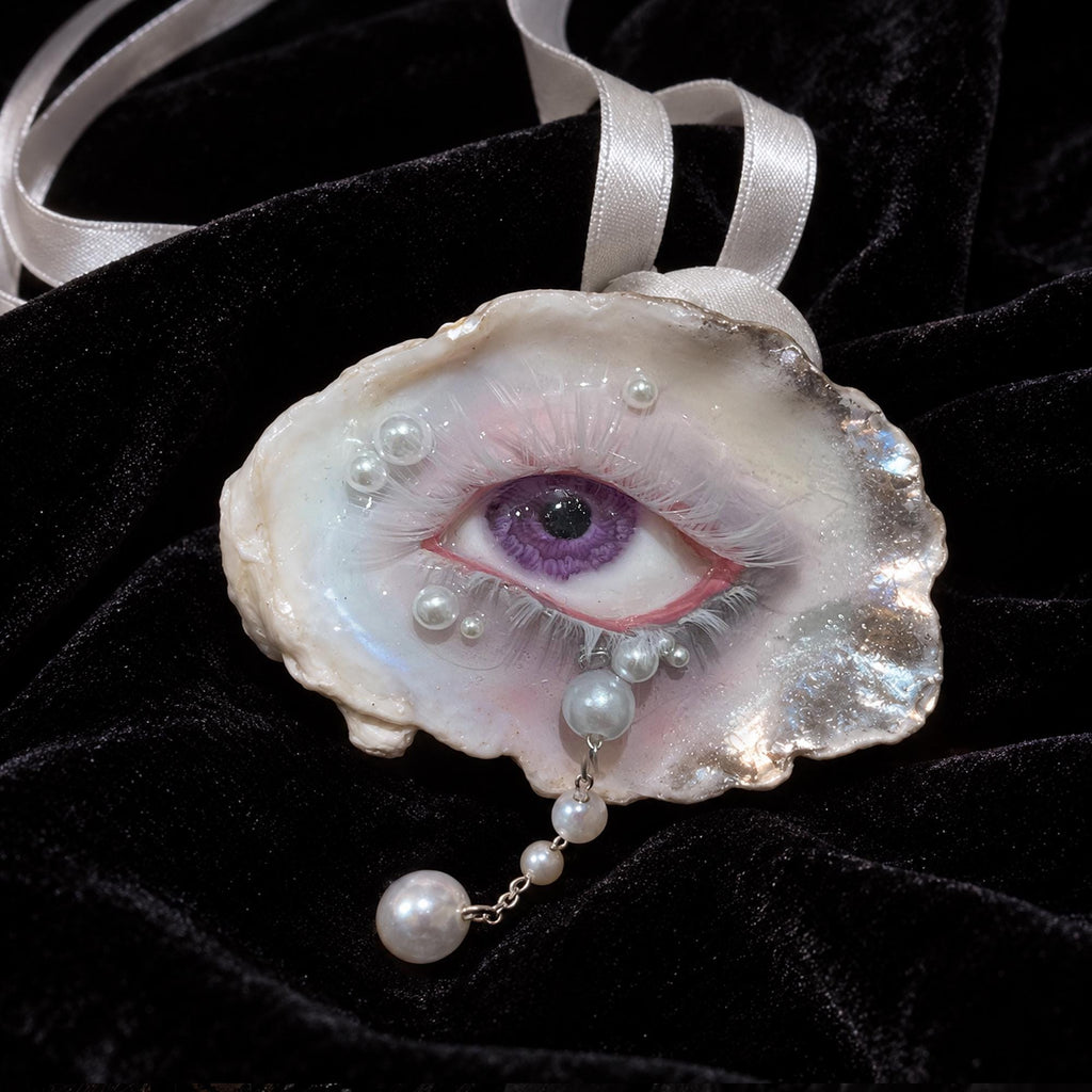 Nyra Lavender Gaze Oyster Eye Brooch, Choker & Pendant, Purple Eye Pearl Gothic Bridal Jewelry, 3-in-1 Hair Clip, Ready to Ship