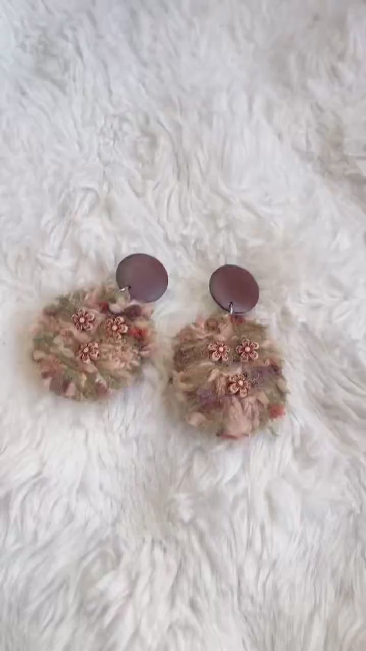 Handmade Yarn Floral Earrings, Cottagecore Boho Fiber Art Jewelry