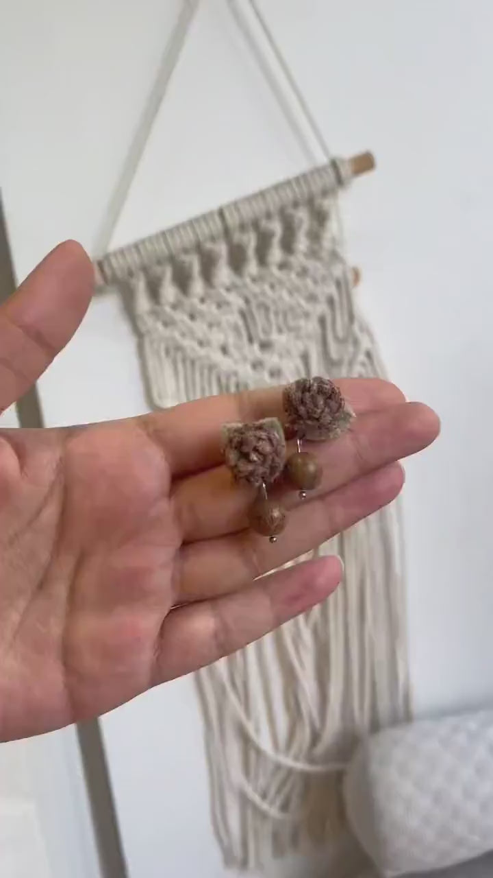 Hazelwood Yarn Flower Earrings, Handmade Textile Jewelry, Cottagecore Woodland Boho Earrings, Fiber Art Wearable Art