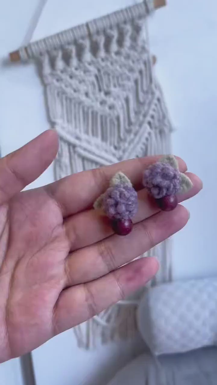 Lilac Berry Yarn Flower Earrings, Handmade Textile Jewelry, Cottagecore Boho Fiber Art, Romantic Botanical Earrings