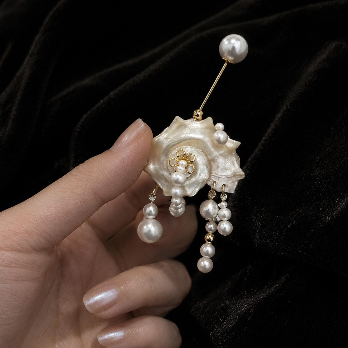 Natural Conch Shell Faux Pearl Brooch — view 4