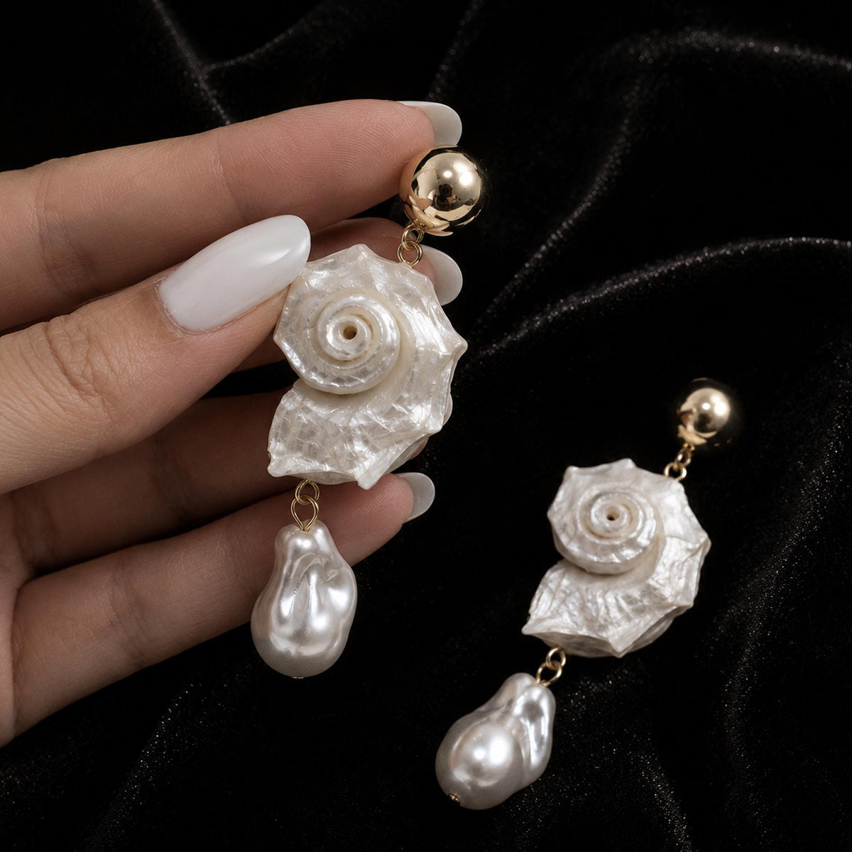 Natural Conch Shell Faux Baroque Pearl Earrings — view 4